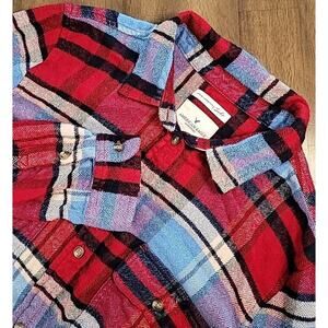 American Eagle Plaid Flannel S Red Blue Boyfriend Fit Soft Grunge